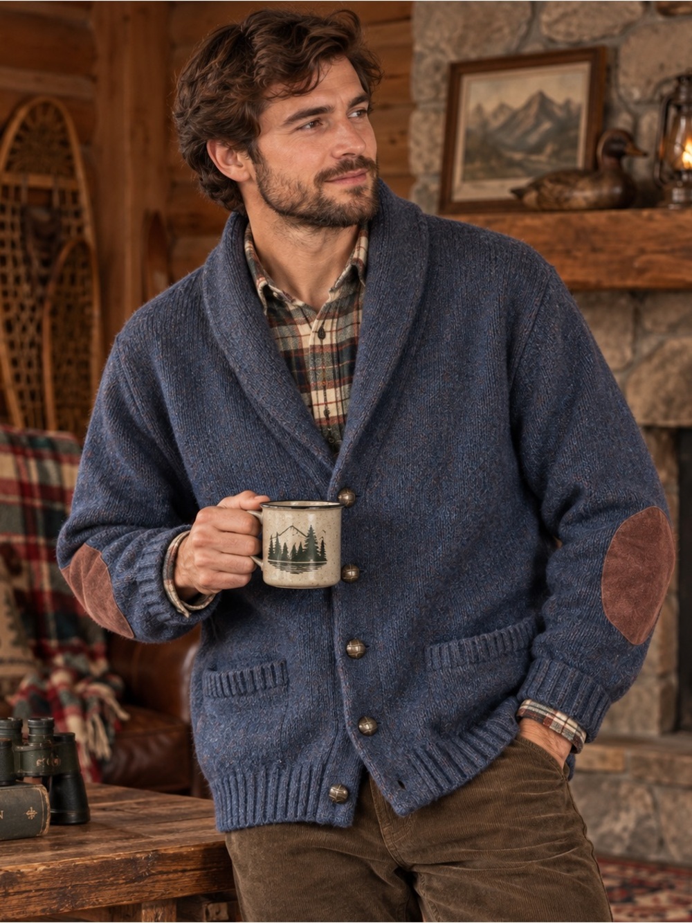 Vintage Men’s Eddie Bauer Wool Cardigan, Blue/Gray, Suede Elbow Patches, L